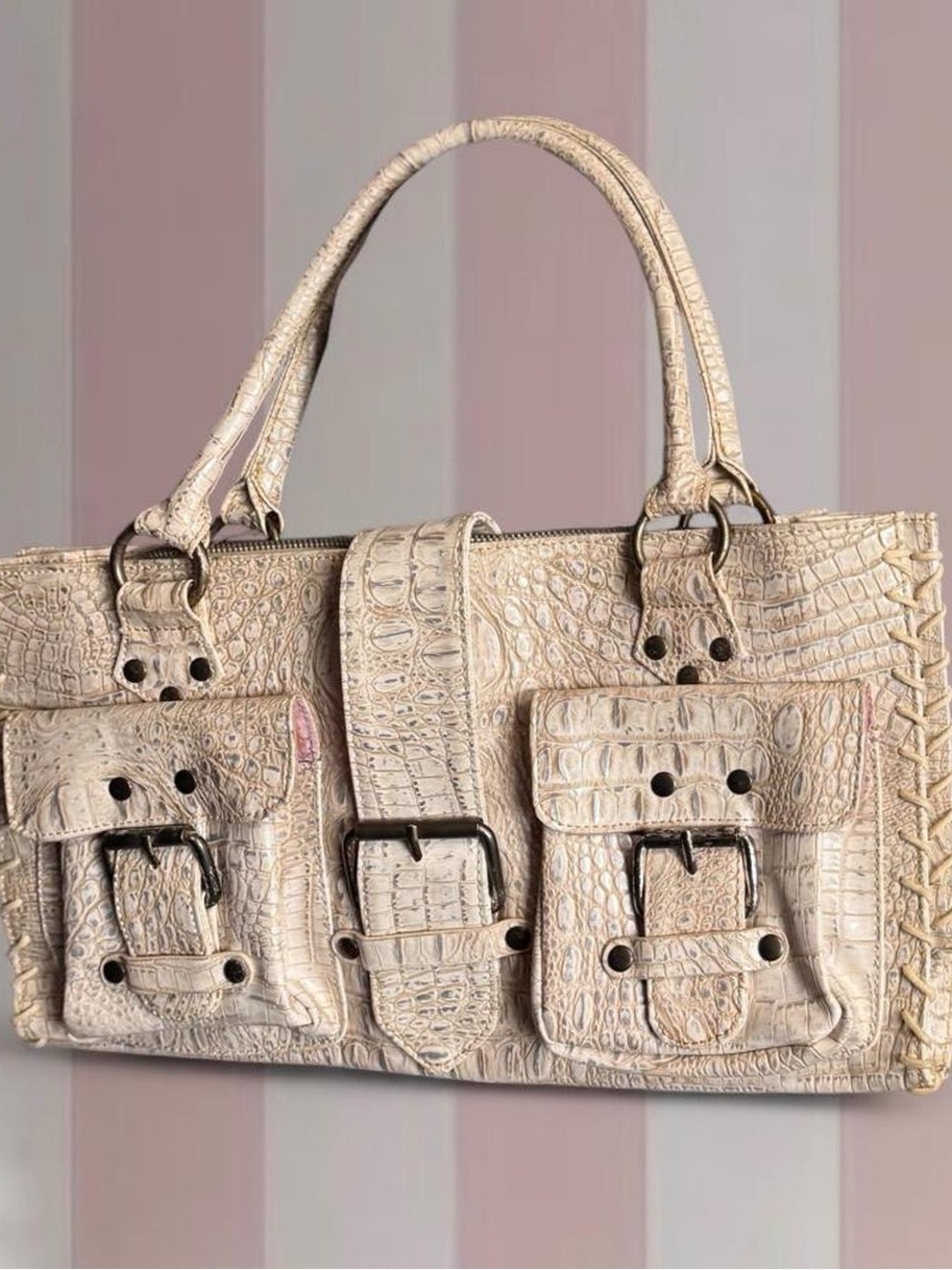 Cream Y2K Croc Embossed Shoulder Bag